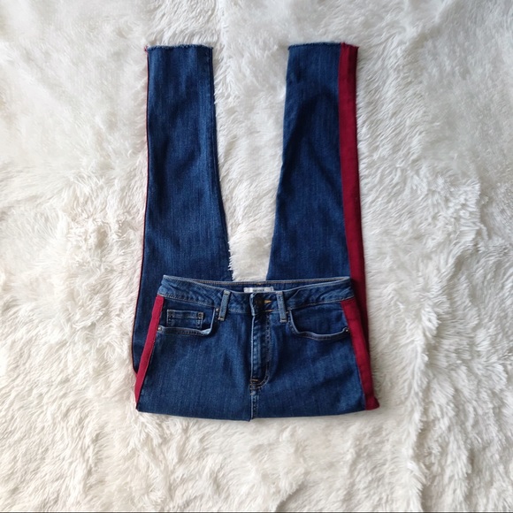 Forever twenty one red tuxedo stripe high rise raw hem cropped jeans Sz … - Picture 1 of 10